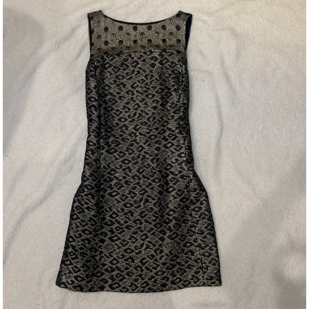 Tibi New York Black Gold Metallic Leopard Print Sleeveless Sheath Dress Size 2